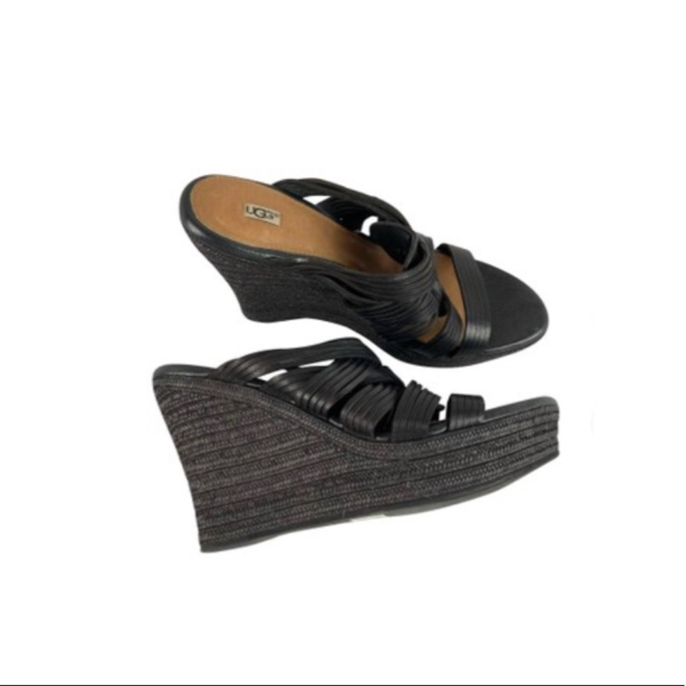 UGG BLACK LEATHER CRISSCROSS OPEN TOE HIGH HEEL WEDGE SANDALS SIZE 9